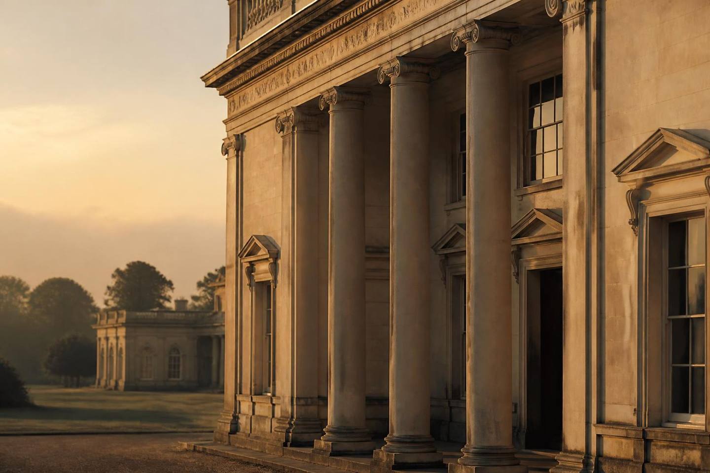 Classical stone facade at dawn